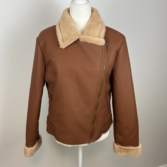 a.n.a. Brown Imitation Leather Coat with Faux Fur Size Large NWT - Picture 3 of 14